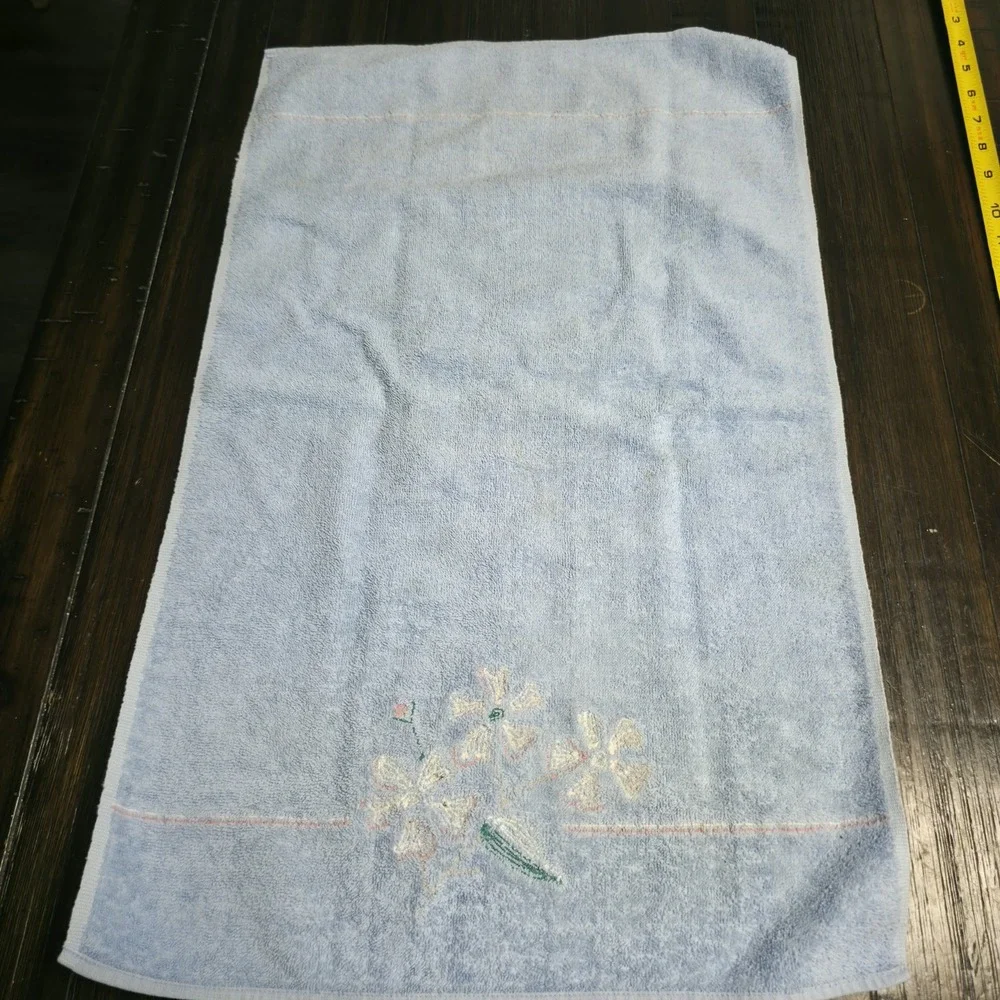 Vintage-Style Light Blue Turkish Cotton Towel Set with Chenille Floral Appliqués